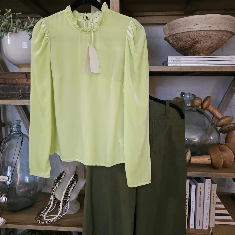 Ulla Johnson Marlena Pistachio Silk Blend Bohemian Velvet Blouse NWT
